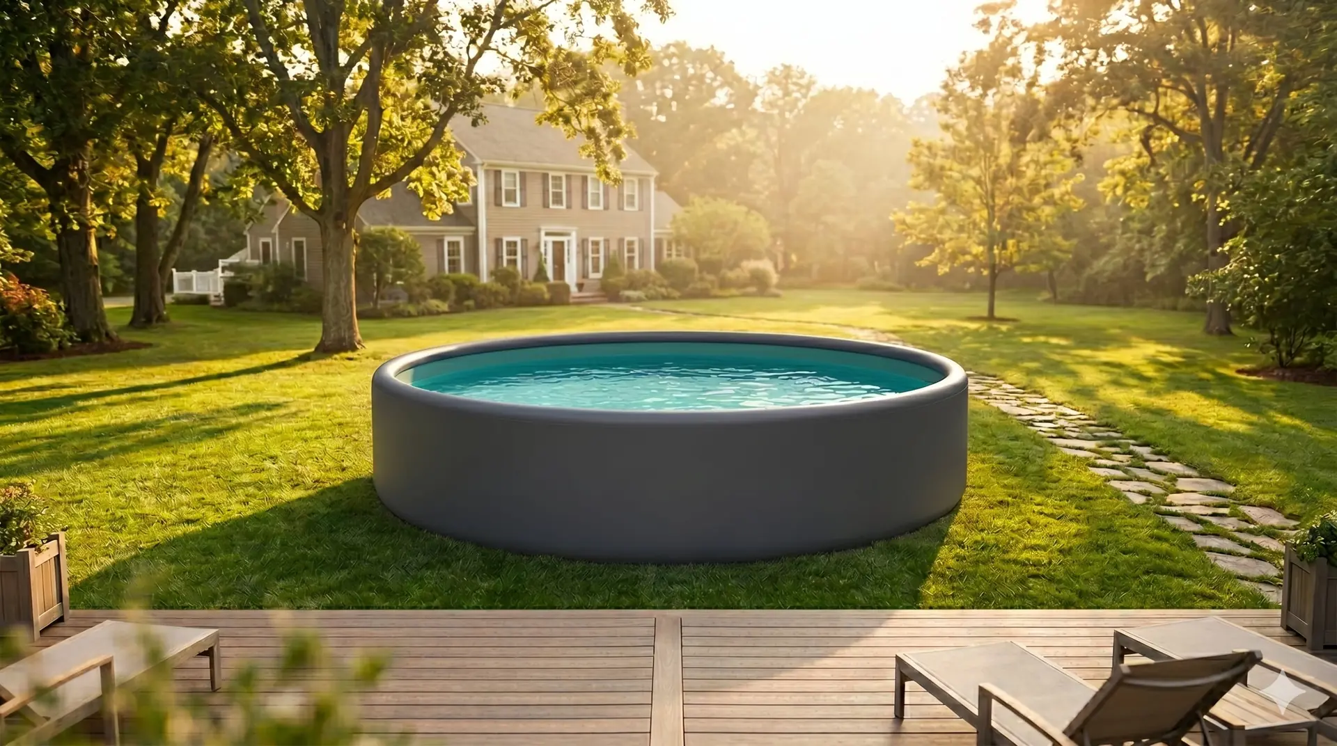 A GIGI FRANCE rigid inflatable above-ground pool installed in a US backyard